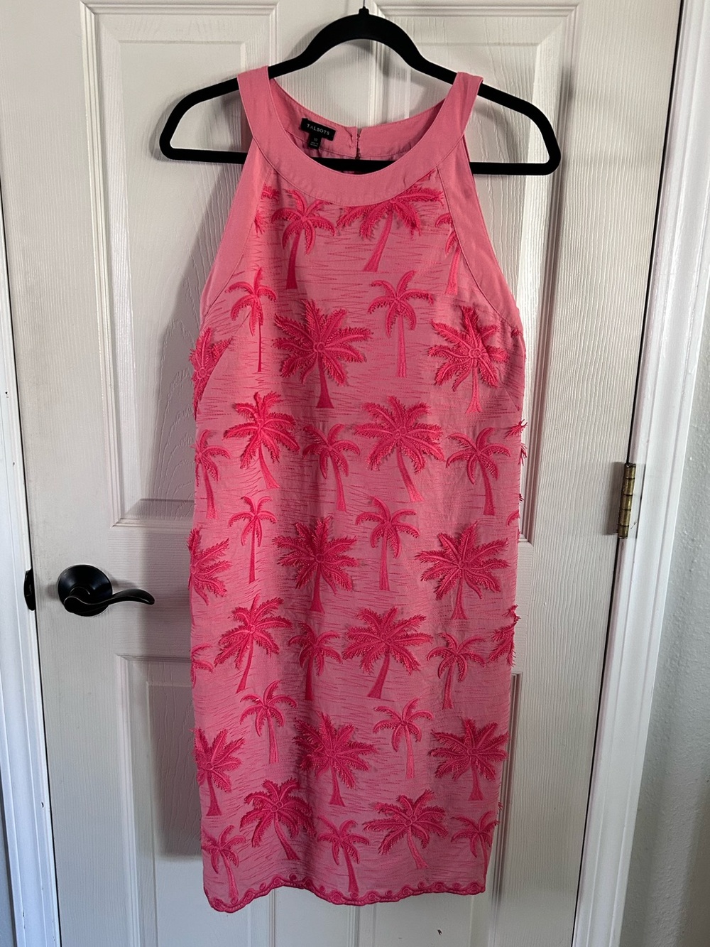 Talbots Pink Coral Palm Tree Embroidered Halter Sheath Dress Sz 10